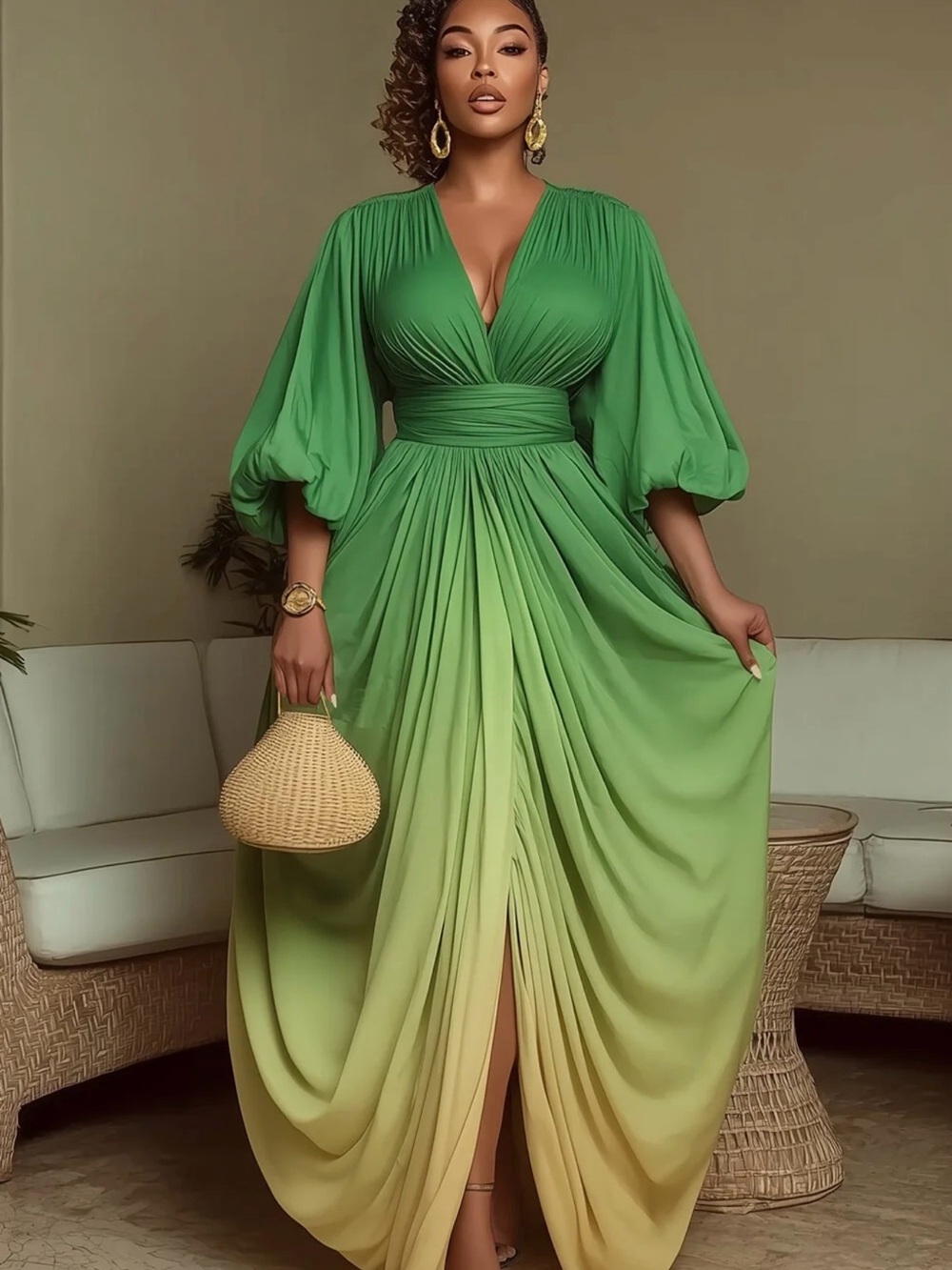 Elegant Green Ombre Maxi Dress with Bishop Sleeves